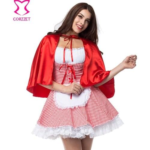 Women Fairy Tale Little Red Riding Hood cloak Costume Carnival Cosplay Maid fancy dress Outfit Halloween Costumes Plaid skirt