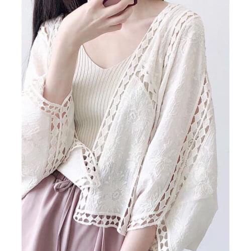 Geskeey Newest Casual Loose Hollow Out Knitted Cardigans Women Elegant Three Quarter Open Stitch Coat Sun Protection Clothing