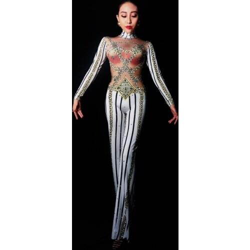 Women stage show nightclub bar dance bodysuit bar dance wear Sexy Striped jumpsuit