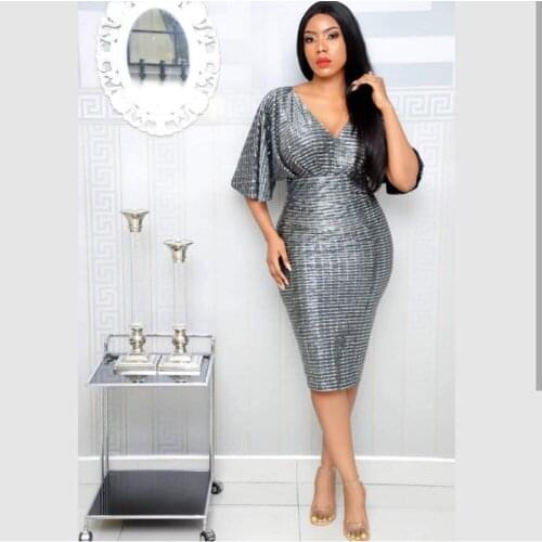 FNOCE 2019 Hot Untidy Mature Sexy Fashion Solid Half Batwing Sleeve Waist Collection Deep V-Neck Thin Overalls Midi Dress