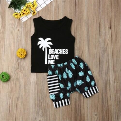 1-5 Years Baby Clothes Set Black Sleeveless Vest For Girl Coconut Tree Print Tops Boys Tops Striped Shorts Pant Kid Set Clothing