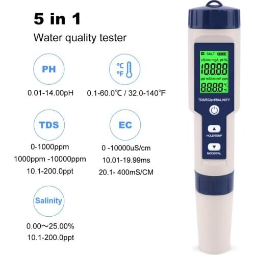 Digital Water Tester 5 In 1 PH/TDS/EC/Salinity/Temperature Tester Pen Waterproof Multi-Function Meter for Aquarium swimming pool