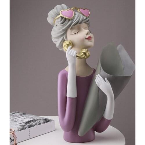 Resin Girl Figurines Flower Vase Bouquet Sculpture Home Living Room Ornament