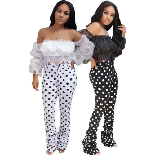 DPSDE 2020 summer new women sexy girl style sets long sleeve card shuolder short top buttons long pants dot two piece sets