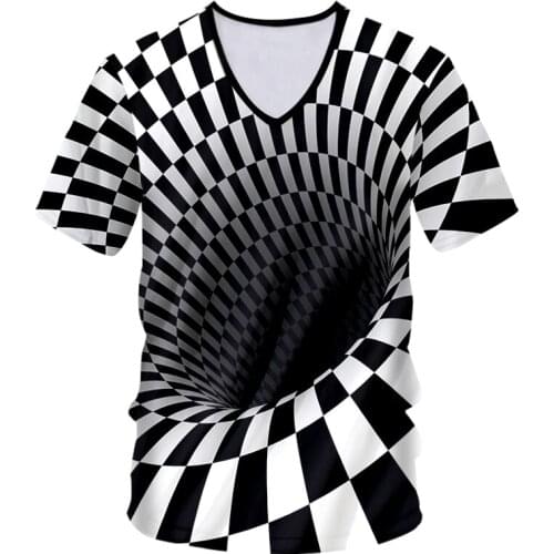 CJLM Mens V Neck Tshirts New Arrival Wormhole Print Black White Grid 3D Tshirt Casual T-shirts Man Fitness Workout Tee Shirts