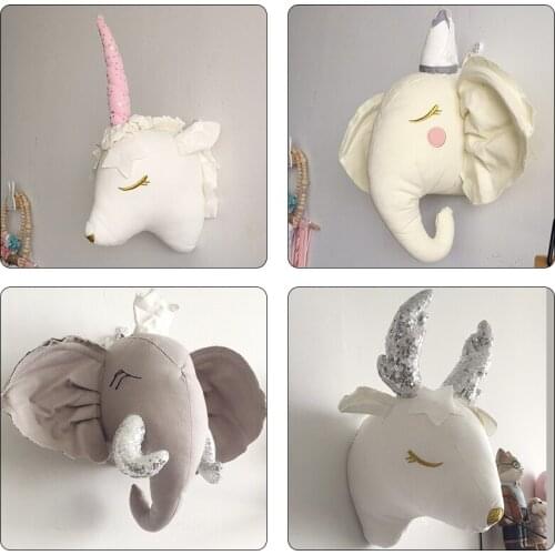INS Nordic Animals Head Wall Hanging Decor For Kids Room Elephant Deer Unicorn Head Plush Toys Children Girl Room Decor