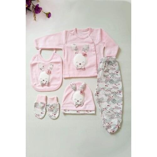 Newborn Baby Girl 5'li Clothing Set Cotton Rabbit Pattern Bib Pants Hat Gloves Gift Set