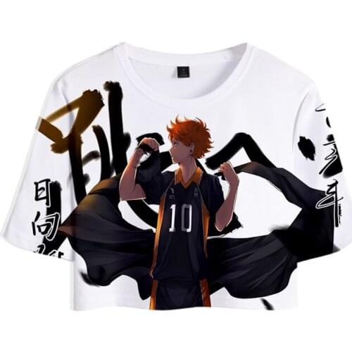 3D Anime Haikyuu Crop Top Exposed Navel T Shirt Shoyo Hinata Girl O-neck Tops Women Funny T-shirt Print Fashion Casual Short