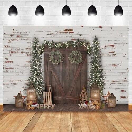 Laeacco Merry XMAS Old Vintage Wooden Door Brick Wall Child Baby Photozone Photography Backdrop Photo Background Photo Studio