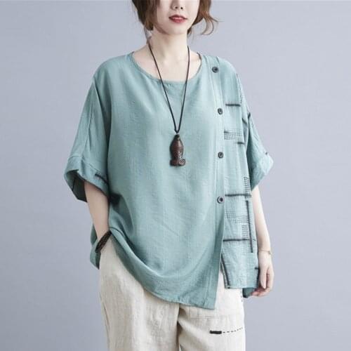 Summer Tees Cotton Linen Casual T-shirt Short Sleeve Loose Batwing Sleeve Tops Tshirt Irregular Patchwork Button T-Shirt Clothes