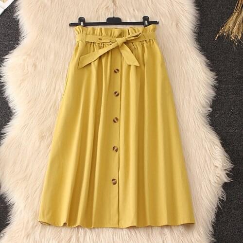 Shintimes Midi Skirt For Women Lace-Up Women Skirts Fashion Elastic Waist Woman Skirts High Waist Pleated Skirt Female Summer