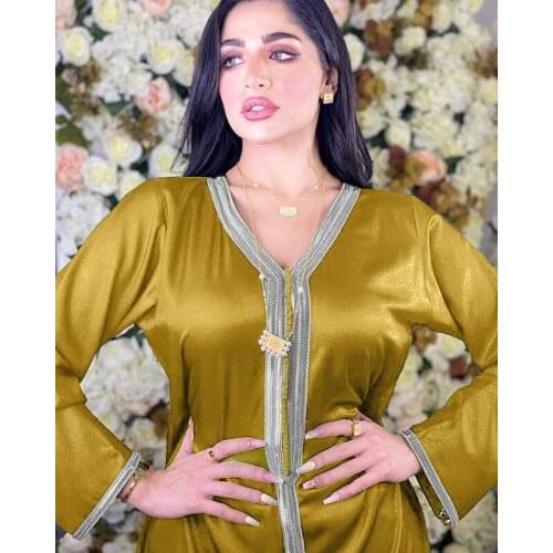 Moroccan Kaftan Arabic Dresses for Women Autumn 2021 Golden Ribbon V Neck Muslim Turkish Clothes Soft Satin HB580