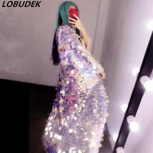 Latest Fashion Women Colorful Sequins Long Coat Sequined Cloak Punk Style Female Singer HIP HOP Stage Costume Bar DJ DS Overcoat