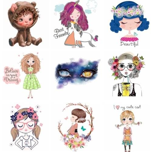 Fashion Girl Unicorn Iron-on Transfers Vinyl Heat Transfer Ironing Stickers T-shirt Thermal Patches For Clothing Applique Decor
