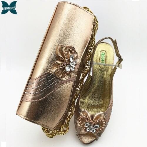 New Arrival Italian design champagne Color Women Matching Shoes and Bag Set Decorated with Rhinestone Nigerian Shoes and Bag Set