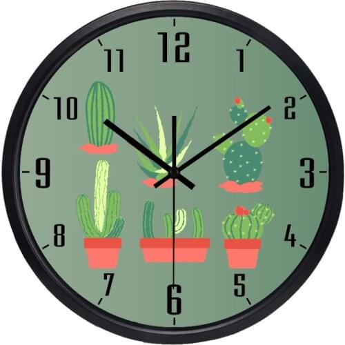 New Design Mute Antique Study Room Wall Clock Chic Round Super Quiet Cactus Plant Clock