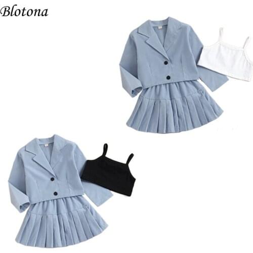 Blotona Baby Girls Formal 3Pcs Outfits, Fashion Solid Color Long Sleeve Coat+Stap Vest+ Pleated Skirt Spring Fall Clothes, 1-6Y