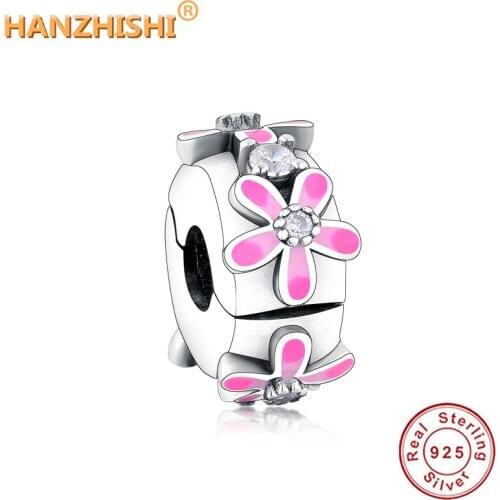 Wholesale price 925 Sterling Silver Pink Daisy Flower Clip Charm Fit Original Fine Charm Bracelet Daisy Clip Bead DIY Jewelry