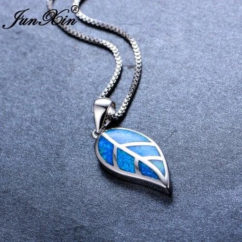 Cute Leaf Pendant Blue Fire Opal Necklace For Women Silver Color Necklaces Fashion Female Male Birthstone Wedding Jewelry Gifts