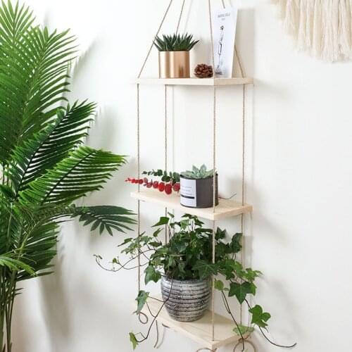 Nordic Wall Hanging Plant Shelves Swing Rope Floating Storage Wood Rack for Plant Vase Flower Pots Room Wall Decoration