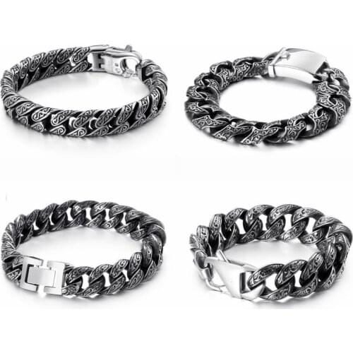 12/18mm Heavy Punk Vintage Men Bike Biker Bracelet Hiphop Stainless Steel Curb Cuban Link Bracelet Totem Charm Wristband Jewelry