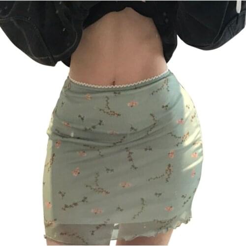 Womens Mesh Bodycon Mini Skirt Vintage Floral Print High Waist Lettuce Trim Short Pencil Skirt