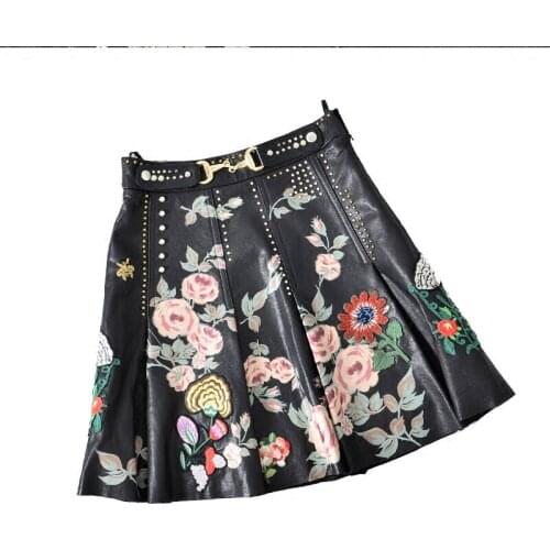 Autumn Winter Embroidery Genuine Leather Skirt Midi Women Handmade High Waist Ladies Florals Skirts