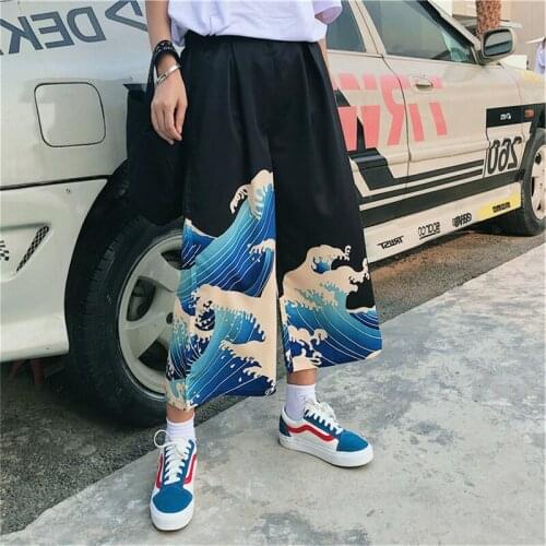 Japanese Style Harajuku Wide Leg Pants Woman Loose Kanagawa Print Trousers Men Casual Ukiyo-e Hight Waist Capris Streetwear