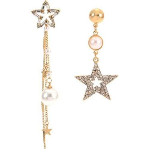Women Imitation Pearl Tassel Drop Earrings Asymmetric Long Five Pointed Star Earrings Gold Color Chain Water Droped Earring