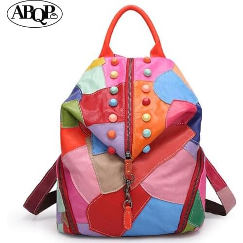 Mochila Femenina Retro Genuine Leather Backpack Sheepskin Designer Travel Colorful Patchwork Luxury Shopper Bag Womens Bag