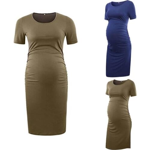 Womens Ruched Maternity Dress Mama Causual Short Sleeve Wrap Midi Dresses Solid Color O-neck Simple Design Gifts For Pregnant