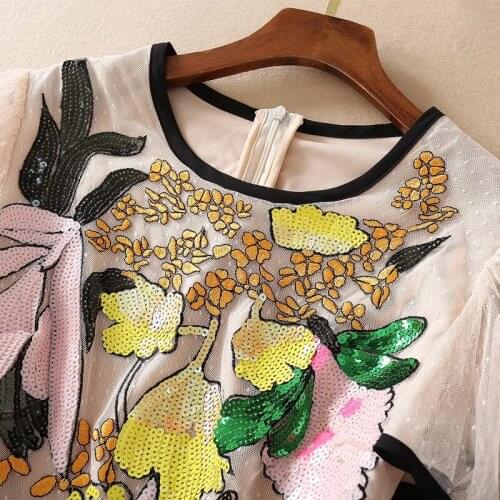 Embroidery High Quality Runway Fashion Summer Flare Sleeve Mesh Sequined Flower Striped Midi Elegant Dress