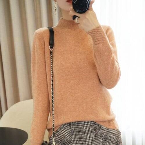 2021New Cashmere Sweater Womens Half High Neck Spring And Autumn All-Match 100% Pure Wool Pullover Female Short Knit Base Shirt