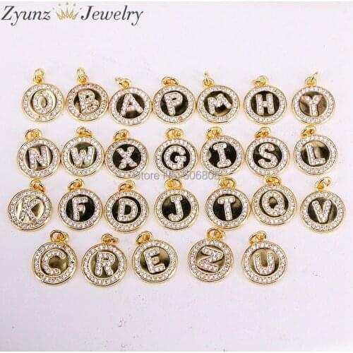 26pcs ZYZ330-3810 Gold Color Shiny CZ Zirconia Letter Shape Pendant Charms Beads or Women Jewelry Making Choose Letter
