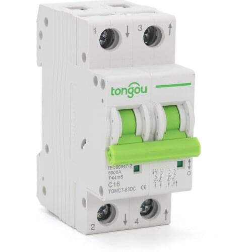 2P DC 250V 500V 1000V Mini Circuit Breaker CurveC 6A 10A 16A 25A 32A 40A 50A 63A DC MCB for PV System