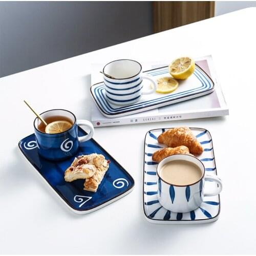 3pcs/set Japanese Style Underglaze Ceramic Coffee Cup Rectangular Plate Afternoon Tea Flower Tea Family Cafe Latte Coffee Cup