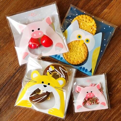 300pcs Cute Cartoon Self-Adhesive Gift Packaging Plastic Bags Biscuits Candy Food Cake Package For Weeding Birthday Party Decor