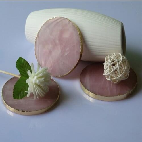 9 cm Natural round pink crystal cup pad plated with gold plated domestic heat insulation pad