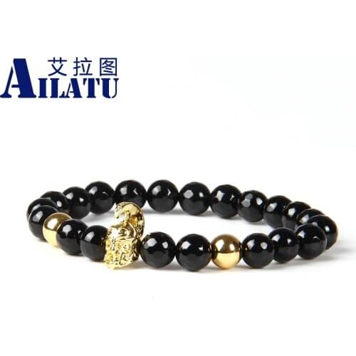 Ailatu Mens Jewelry 10pcs/lot 8mm Faceted Black Onyx Stone New Roman Warrior Helmet Micro Paved CZ Spartan Bracelets