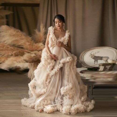 Beige Cream Long Tulle Robe For Pregnant Women Ruffles Full Sleeves Prom Gowns Kimono Maternity Party Dresses Pleated Custom