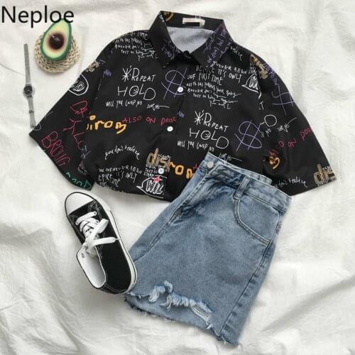 Neploe Retro Letter Print Blouse Turn Down Collar Short Sleeve Blusa Shirts Loose Casual Single Breasted Female Tops 49353