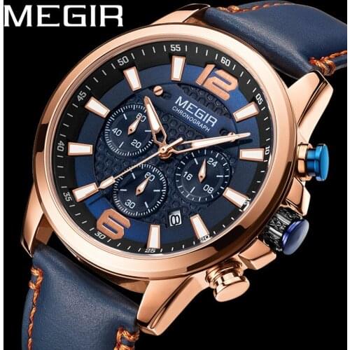 MEGIR Watch Men Waterproof Chronograph Military Male Clock Top Brand Luxury Genuine Leather Business Man Sport Wristwatch 2156