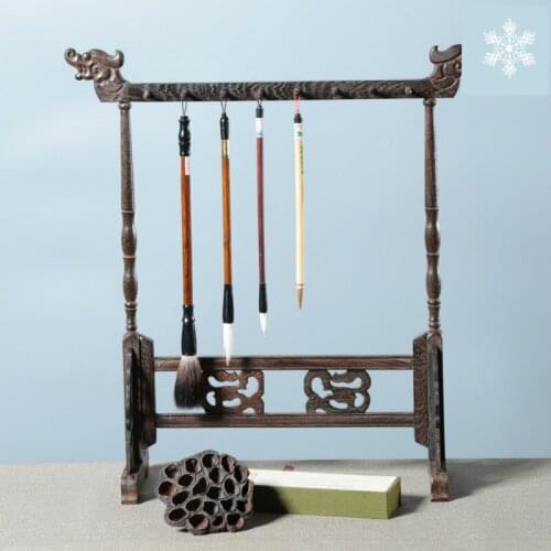 Redwood brush Holder Traditional Chinese Brush Hanging Calligraphy Pen Holder 12/14/16 Hooks Chicken-wing Wood pen Stand Hanging