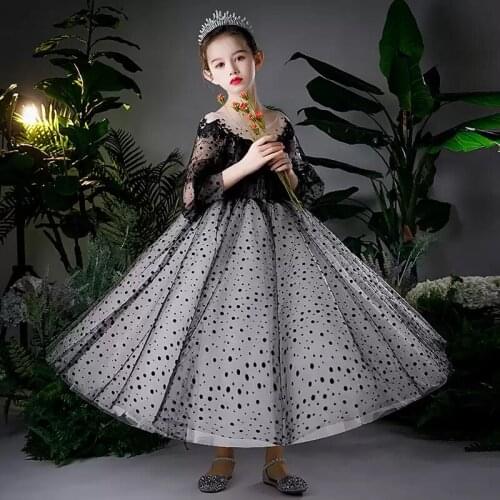 Flower Girl Dresses Illusion O-Neck Princess Floor-Length Tulle Lace Three Quarter Luxury Black Dot Elegant Kids Party Gown H425