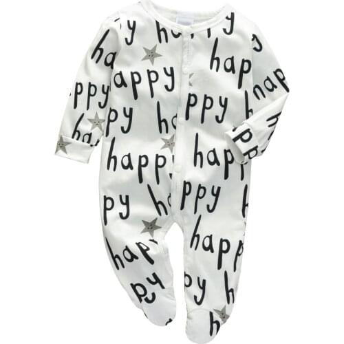 Newborn Boys Girls Cotton Rompers Happy Letter Printed Onesies With Button One Piece Jumpsuit Pajamas For Baby Birth