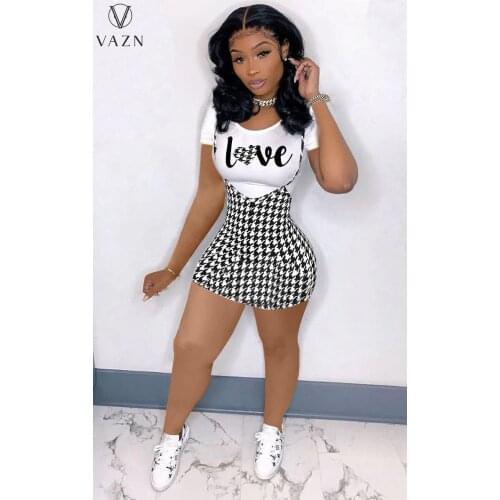 VAZN 2021 Summer European and American Womens Letter Thousand Bird Plaid Skirt Set Set of Two Pieces