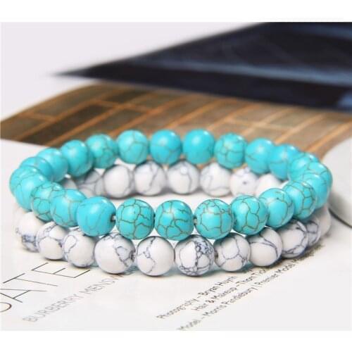 2pcs/set Fashion Couple Distance Bracelet 8mm Blue Turquoises Stone Beads Elastic Bracelet Men Women Energy Lucky Jewelry Gifts