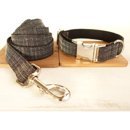 Customized Dog Collar Engraved Puppy ID Tag Leash Collar Set Adjustable Outdoor Solid Fiber Cotton Pet Collar Leash BLACK SUIT