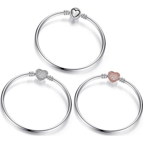 Fit Original Pan Pulseira Charms Bracelet Black Heart Enamel Rose Clear CZ Beads Snake Base Chain for Women Jewelry DIY Kid Gift