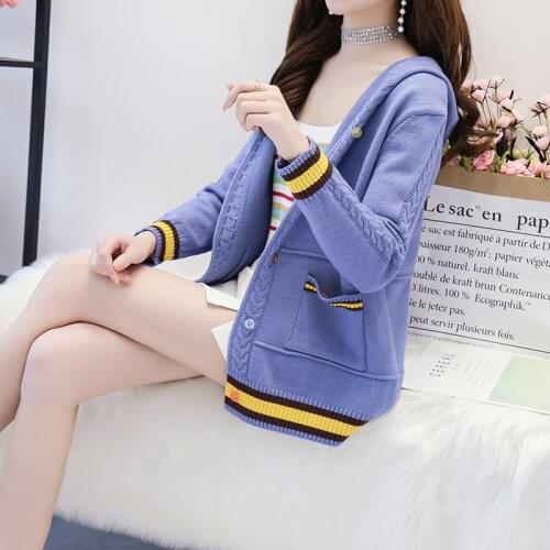 Casual Hooded Sweaters Coat For Women Korean Fashion Hit Color Stripe Loose Single-breasted Ladies Knitted Cardigan Suéteres
